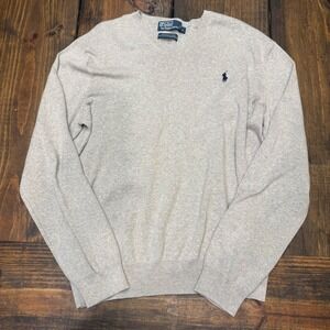 Polo Ralph Lauren‎ Mens V-Neck Sweater Light Gray 100% Pima Cotton Large Pony